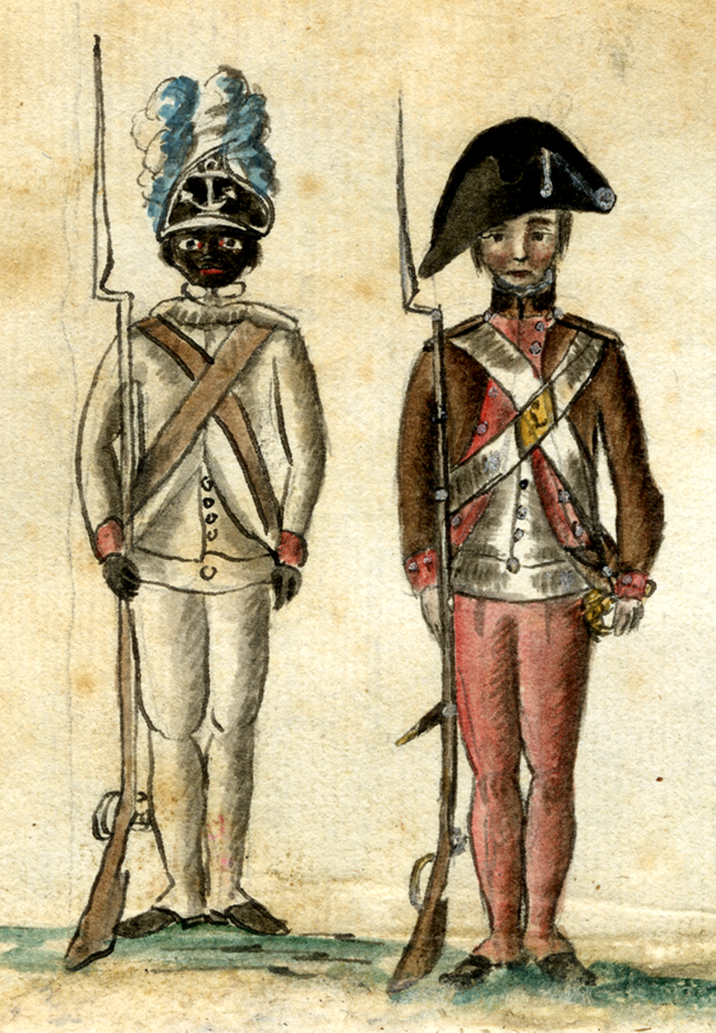 Watercolor of a Black soldier of the 1st Rhode Island Regiment in a white uniform with cross belts, standing at attention with a musket