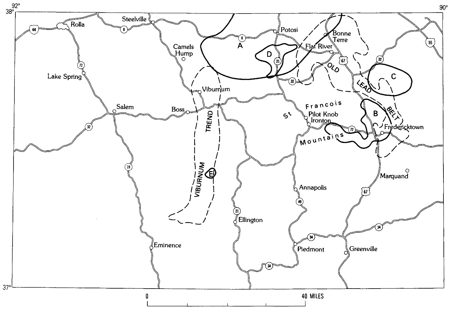 Areas of high potential for small barite deposits (A) and tin-tungsten veins (B) and areas that may have potential for veins of rare-earth-element minerals and thorium (C, D, E) in