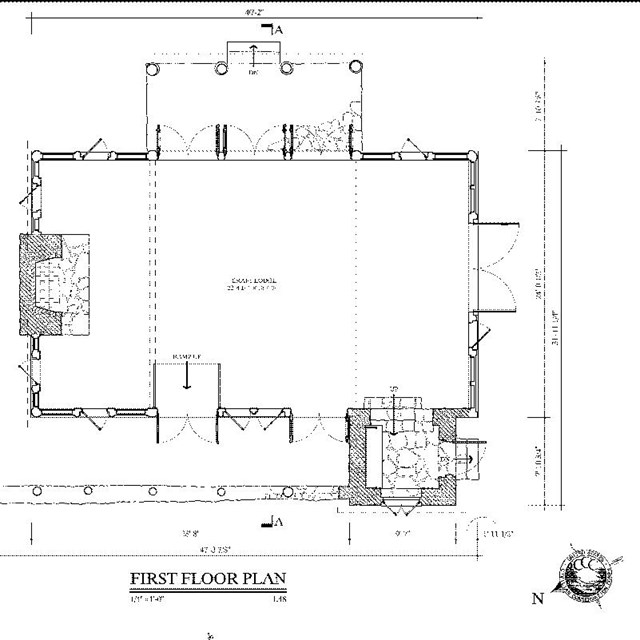 Measured architectural drawing of a large cabin building.
