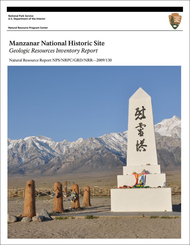 The cover of the Manzanar National Historic Site Geologic Resources Inventory report, showing the site's monument against the mountains