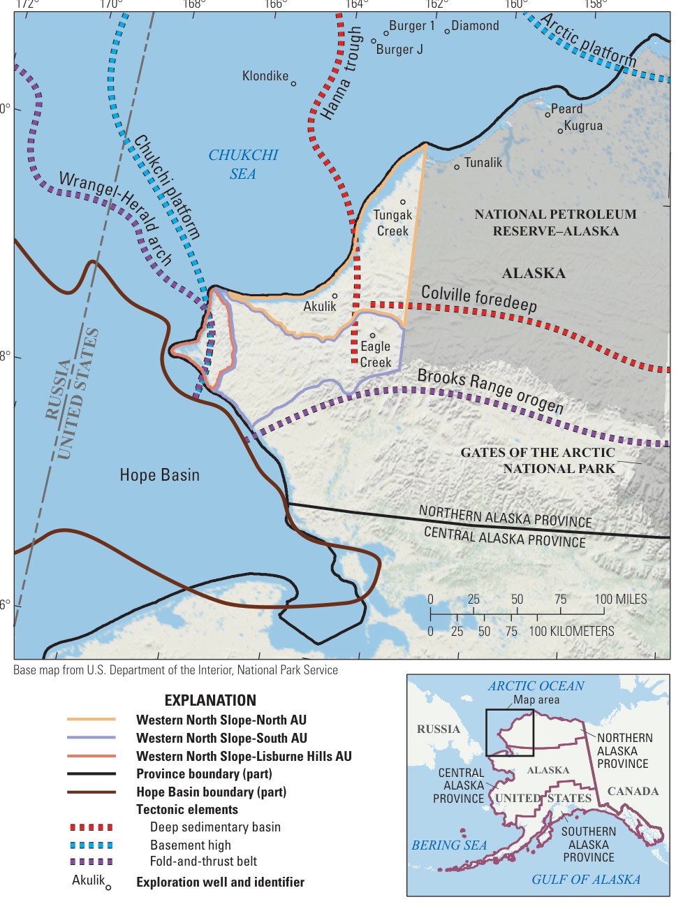 Map of Alaska's western North Slope between the Chukchi Sea and the National Petroleum Reserve–Alaska, showing three assessment units, tectonic features, exploration wells and federal land boundaries, with an inset of Alaska