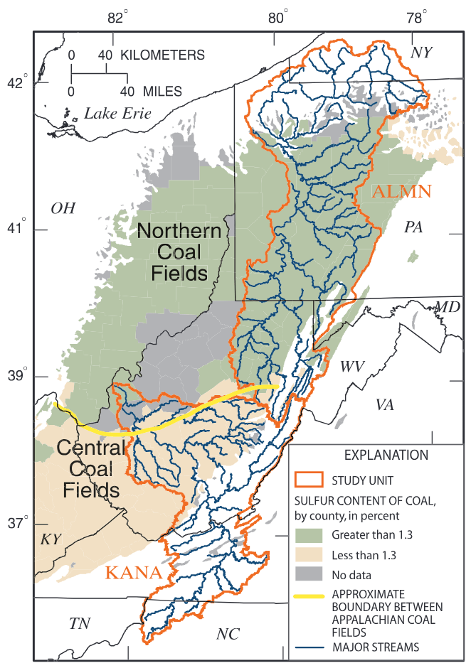 Coal seams in the Appalachian coal region vary in sulfur content, and the fields are identified primarily on the basis of this difference (Tully, 1996). The Kanawha–New River Basin