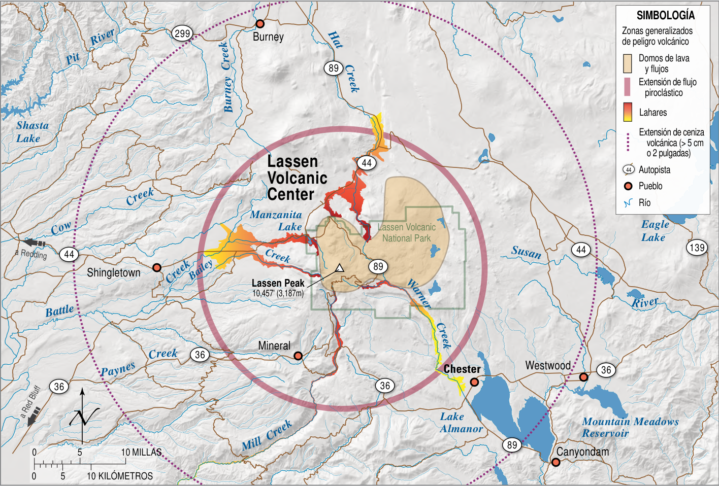 Mapa generalizado de peligros de Lassen Volcanic Center: domos y coladas de lava alrededor de Lassen Peak, un círculo con el alcance de los flujos piroclásticos, lahares por los arroyos y un círculo punteado más amplio con el alcance de más de 5 cm de ceniza, con Redding, Shingletown, Mineral, Chester y Lake Almanor