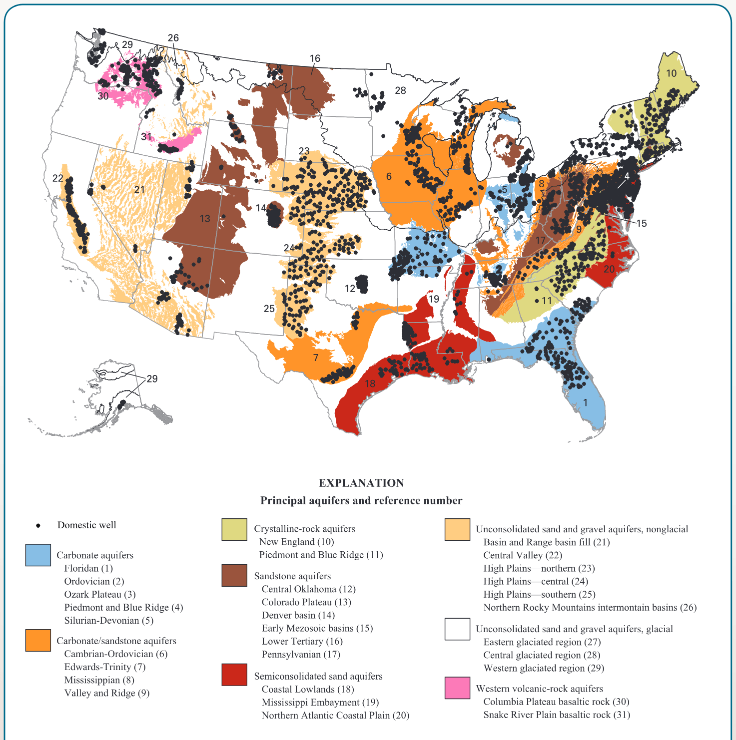 Location of domestic wells and principal aquifers included in the redox analysis.