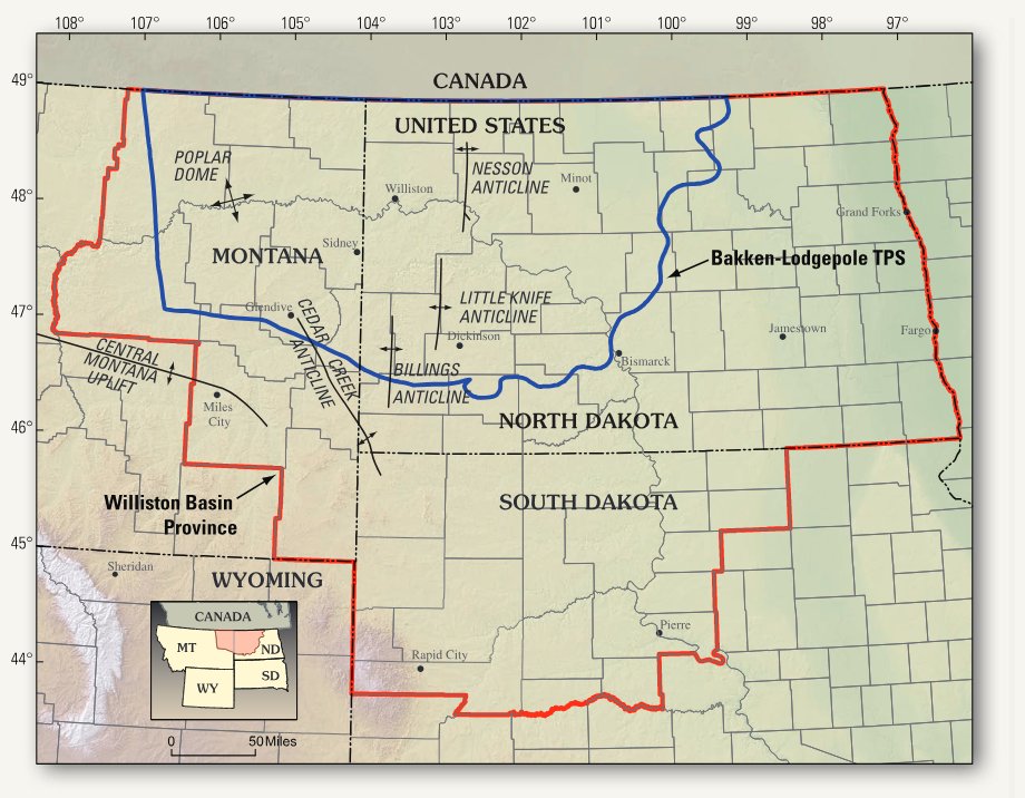 Map showing Williston Basin Province boundary (in red), Bakken-Lodgepole Total Petroleum System (TPS) (in blue), and major structural features in Montana, North Dakota, and South D