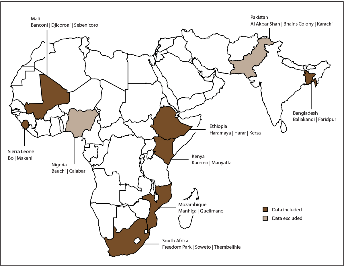 Map of CHAMPS sites in Bangladesh, Ethiopia, Kenya, Mali, Mozambique, Sierra Leone and South Africa, with newer sites in Nigeria and Pakistan.