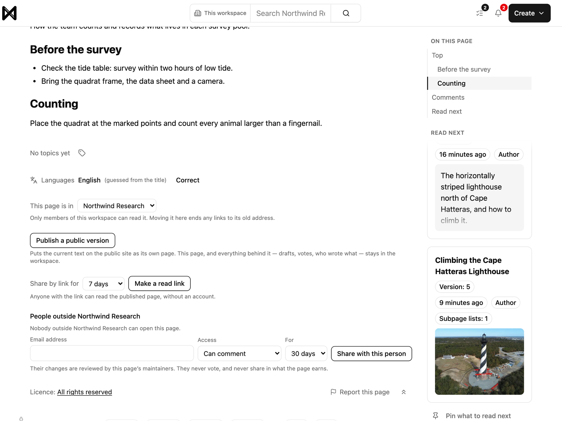 Sharing controls on a workspace page
