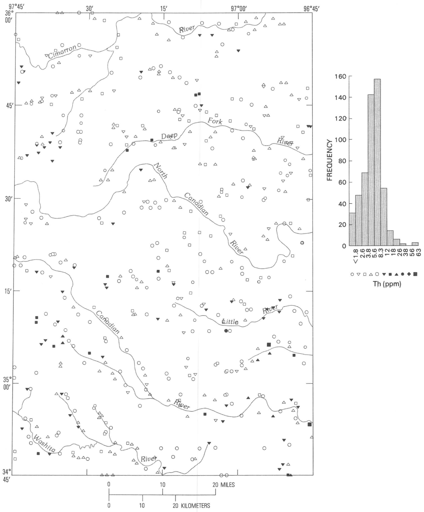 Geochemical distribution of thorium (ppm) in stream sediments of the Central Oklahoma aquifer; 522 samples plotted.