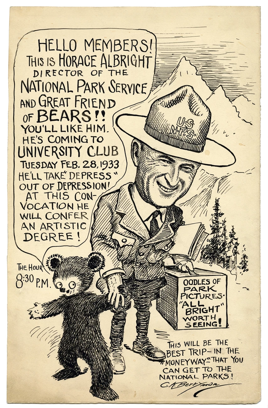 A cartoon of Horace Albright in uniform holding a bear's paw, announcing his lecture