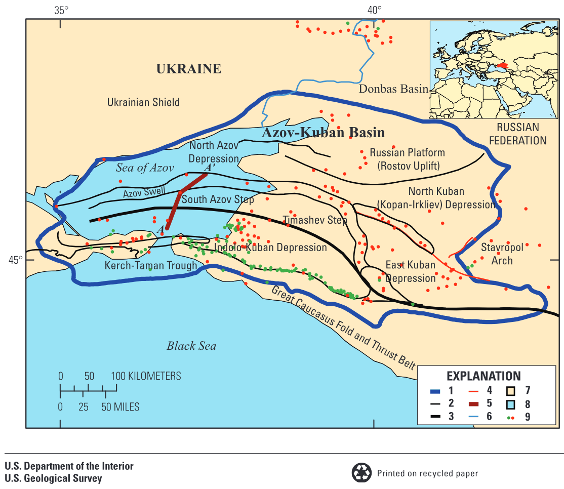 Generalized map showing major geologic features and structures, oil and gas fields, and the location of a geologic cross section (fig.