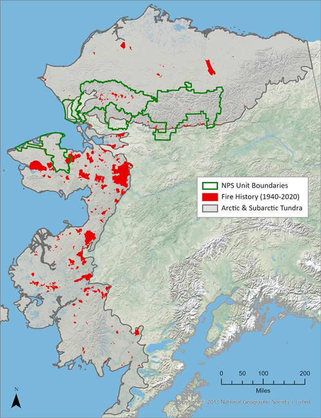 Map of historic fire perimeters in Alaska's arctic and subarctic tundra, with national park boundaries