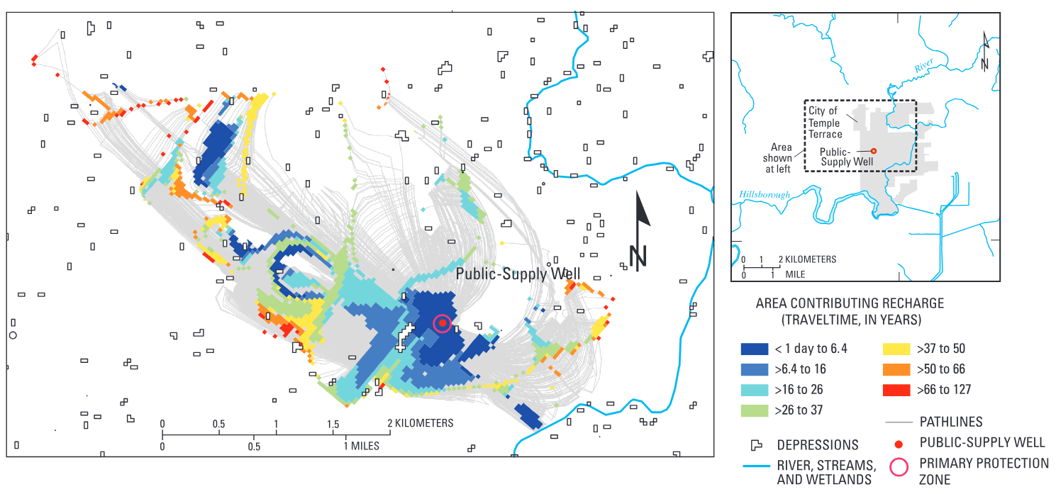 The colored zones on the map show the simulated area contributing recharge to a supply well selected for investigation in Temple Terrace, Florida.