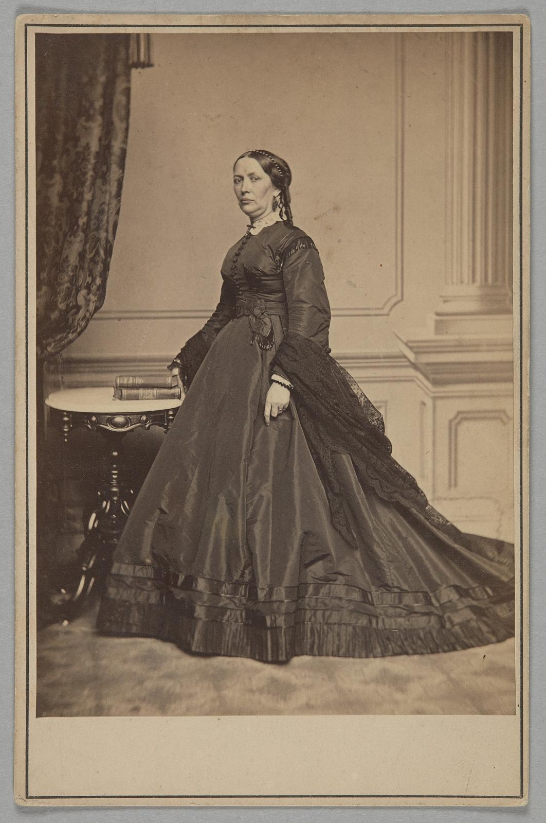 Cabinet card of Mary Jane Hale Welles in a funeral dress by Elizabeth Keckly