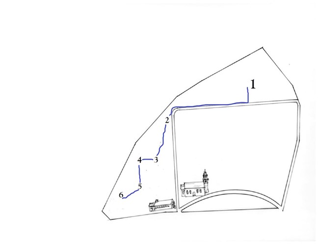 Map of the cemetery with photographs and numbered stops joined by lines