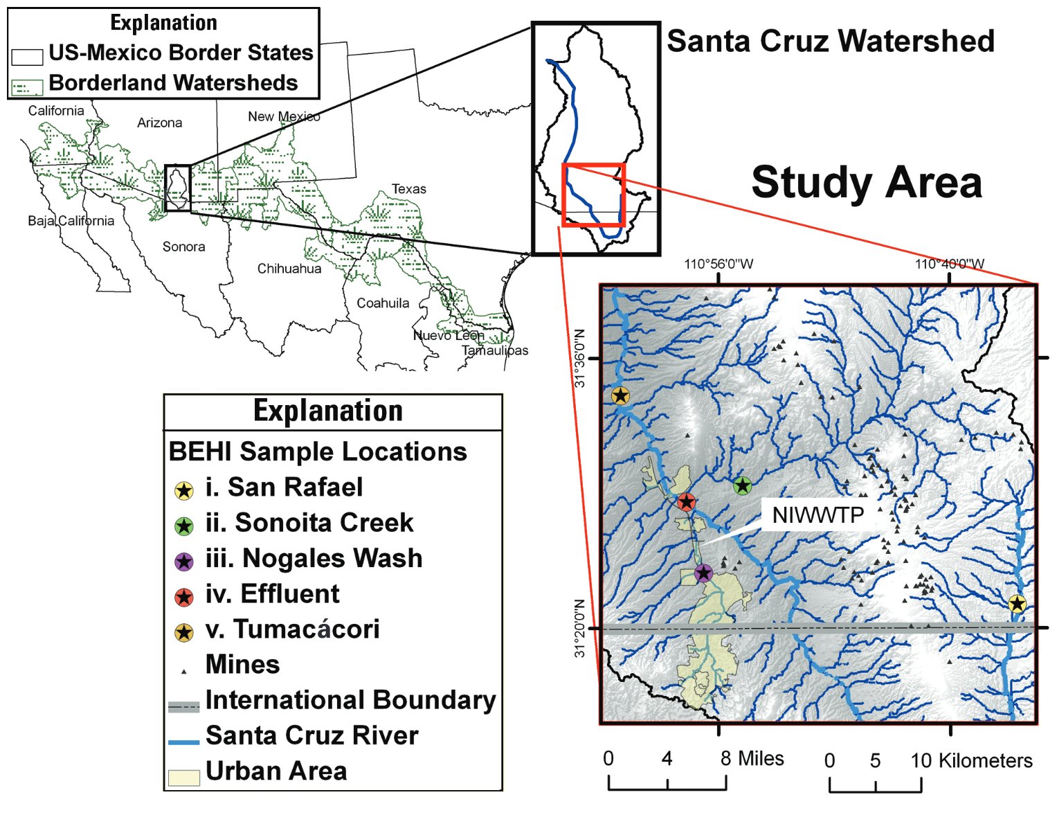 Map showing location of the Santa Cruz River Watershed at the Arizona-Sonora border and locations of sampling sites in the study area.
