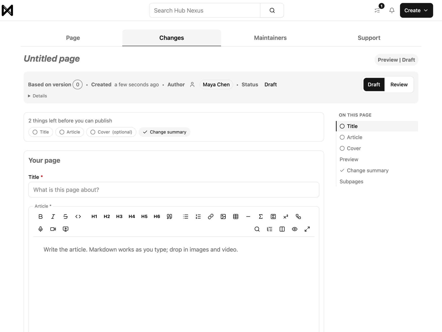A new page in the editor