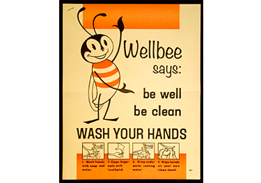 A poster of Wellbee saying: be well, be clean, wash your hands