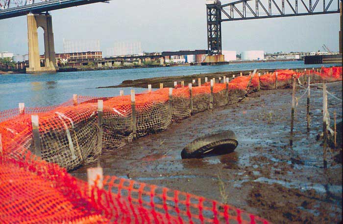 Similar to sediment fences, retaining fences are used to prevent contaminants from entering aquatic environments. This retaining fence was set up as part of a salt marsh restoration program in Staten Island, New York in 1993. The fence prevented cont