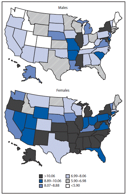 Two U.S. maps showing each state's annual age-adjusted asthma death rate per 1 million people aged 15–64, for males and females, 1999–2016