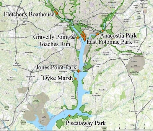 Map of interview locations along the Potomac and Anacostia Rivers.