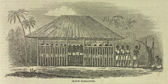 An illustration of a palm-roofed jail with captives chained to the walls and guards whipping them.