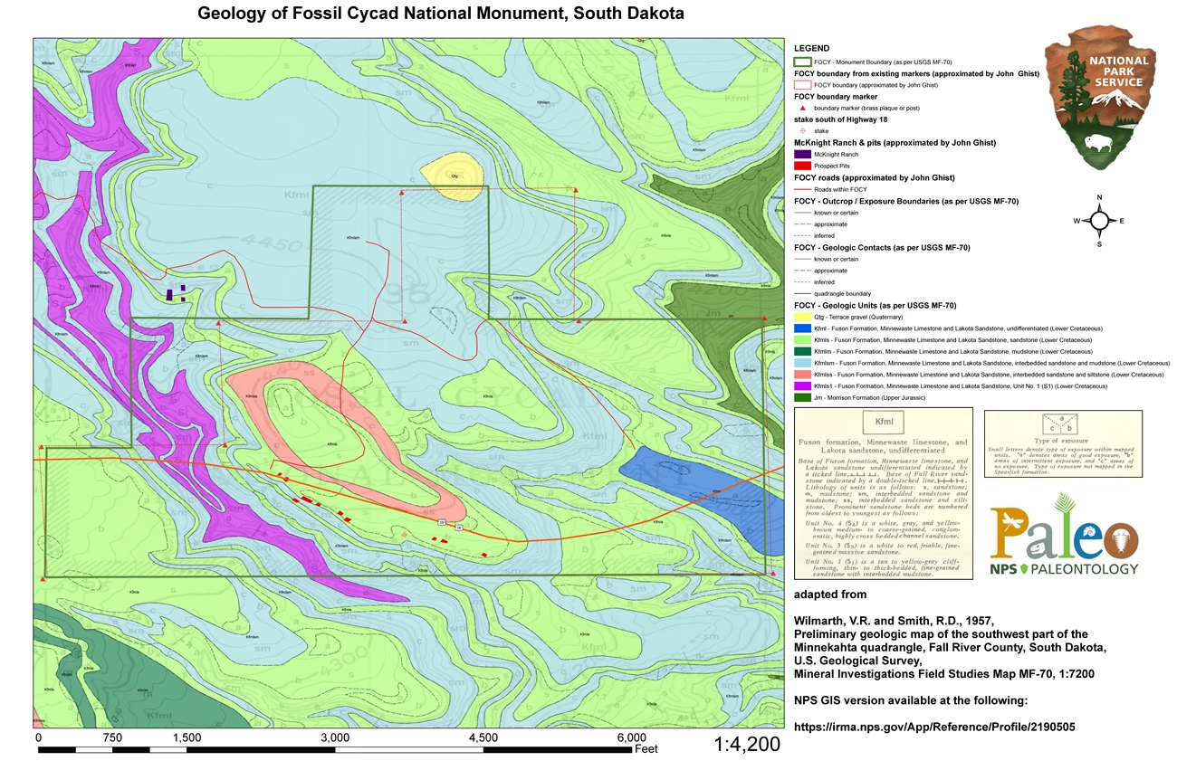 Geologic map of the monument area with colored rock units and a legend