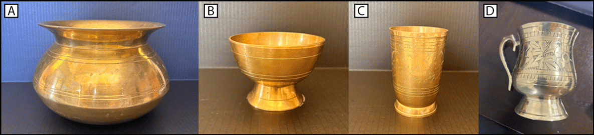 Four photographs of the family's kansa (bronze) and pital (brass) metalware
