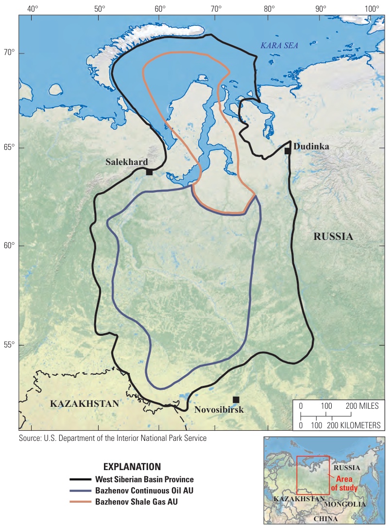 Map of the West Siberian Basin with the Bazhenov oil and shale gas assessment units