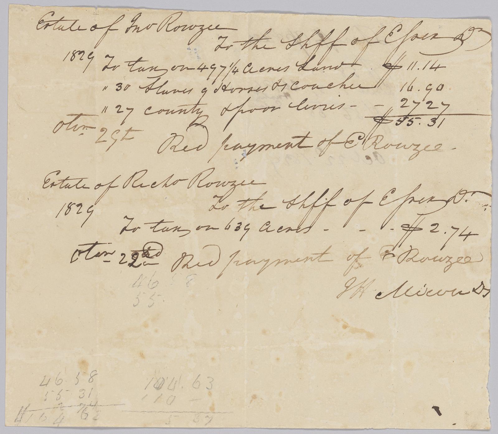 Record of taxes on property, including enslaved persons, owned by Rouzee estates