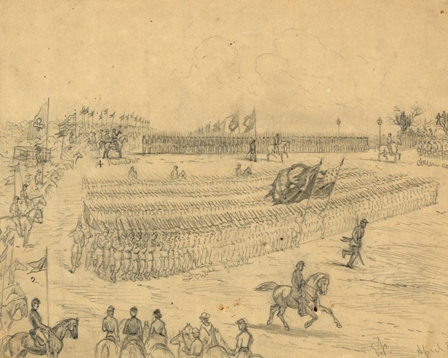 A pencil sketch of Civil War troops marching in review