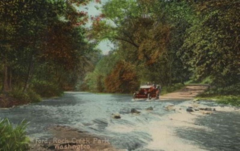 A 1920s postcard of a ford in Rock Creek Park.