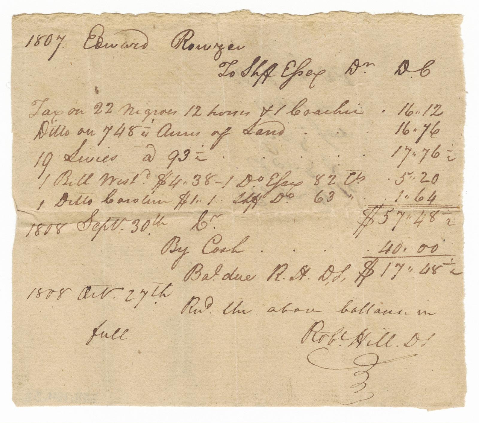 Record of taxes on property, including enslaved persons, owned by Edward Rouzee