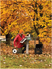 A USGS hydrologic technician measures groundwater at a Climate Response Network well in Worcester County, Massachusetts.