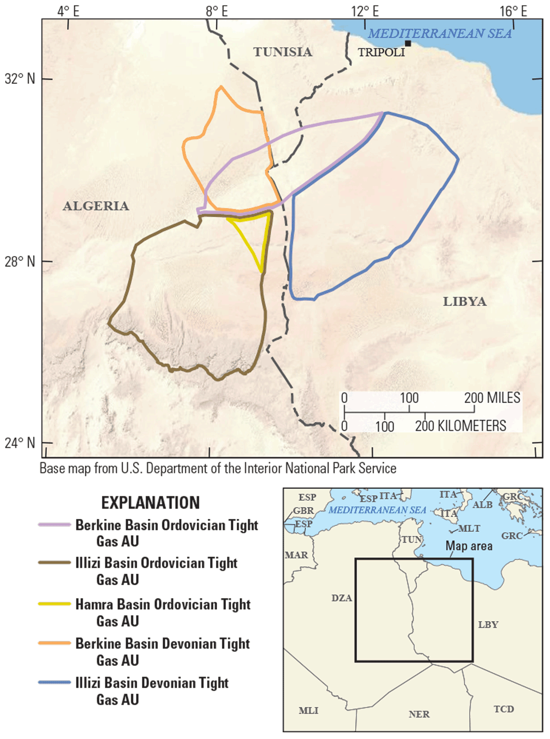 Map of five tight-gas assessment units spanning eastern Algeria, southern Tunisia and western Libya.