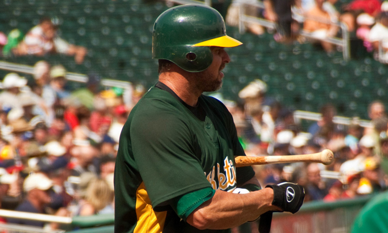 Photo shows baseball player Jason Giambi at a game.