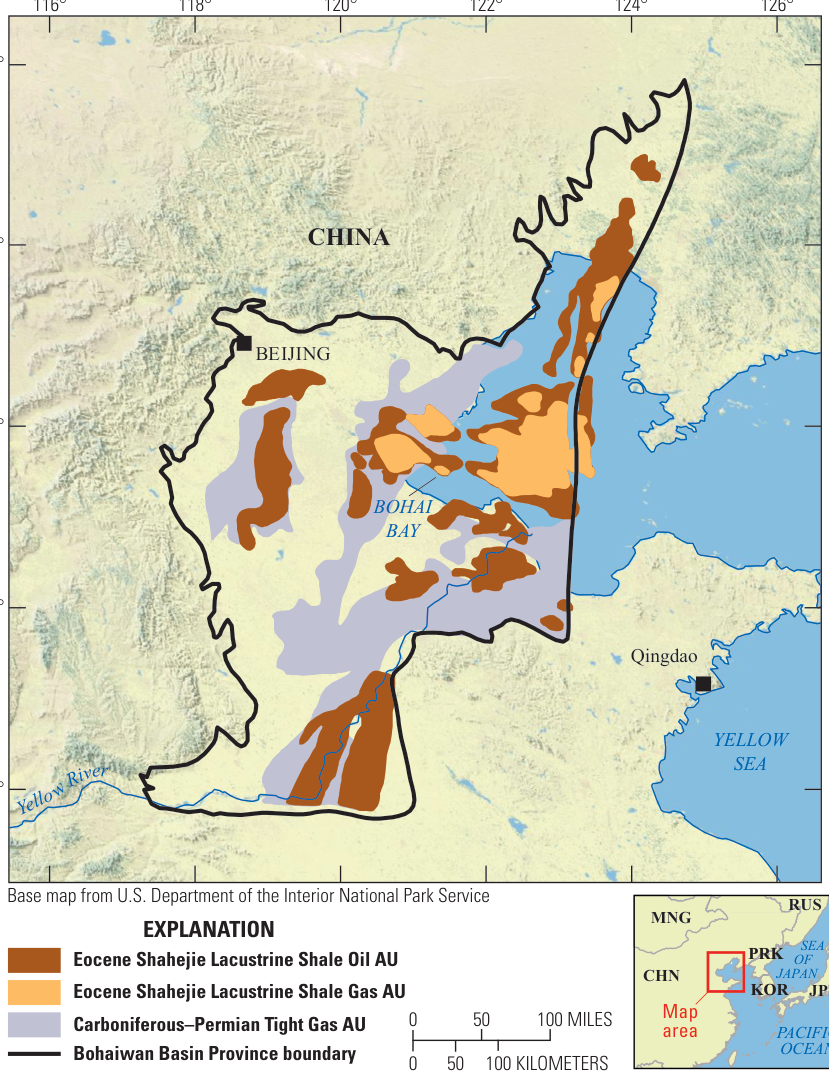 Map of northeastern China around Bohai Bay, showing the basin province and three assessment units near Beijing and Qingdao