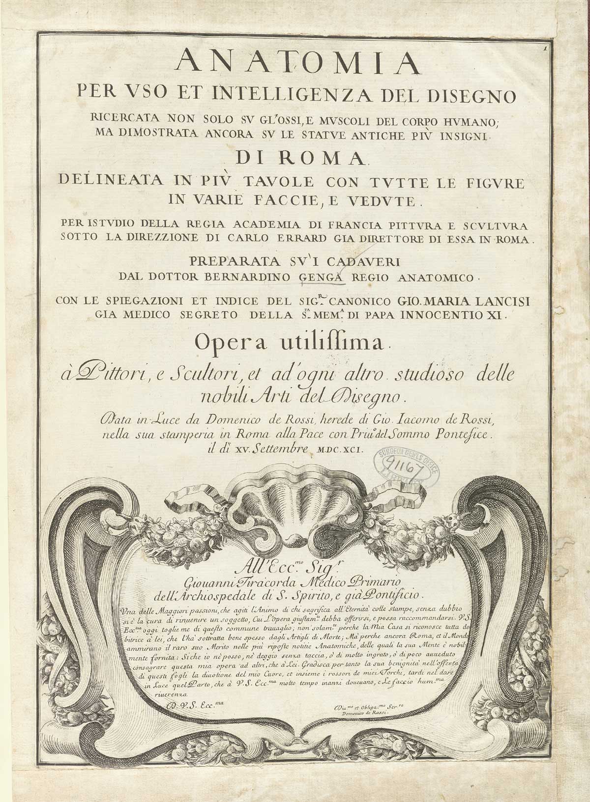The engraved title page of Genga’s Anatomia per uso et intelligenza del disegno