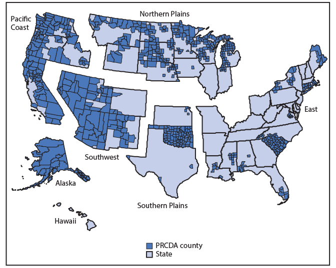 U.S. map divided into six regions, with counties in Indian Health Service purchased/referred care delivery areas shaded.