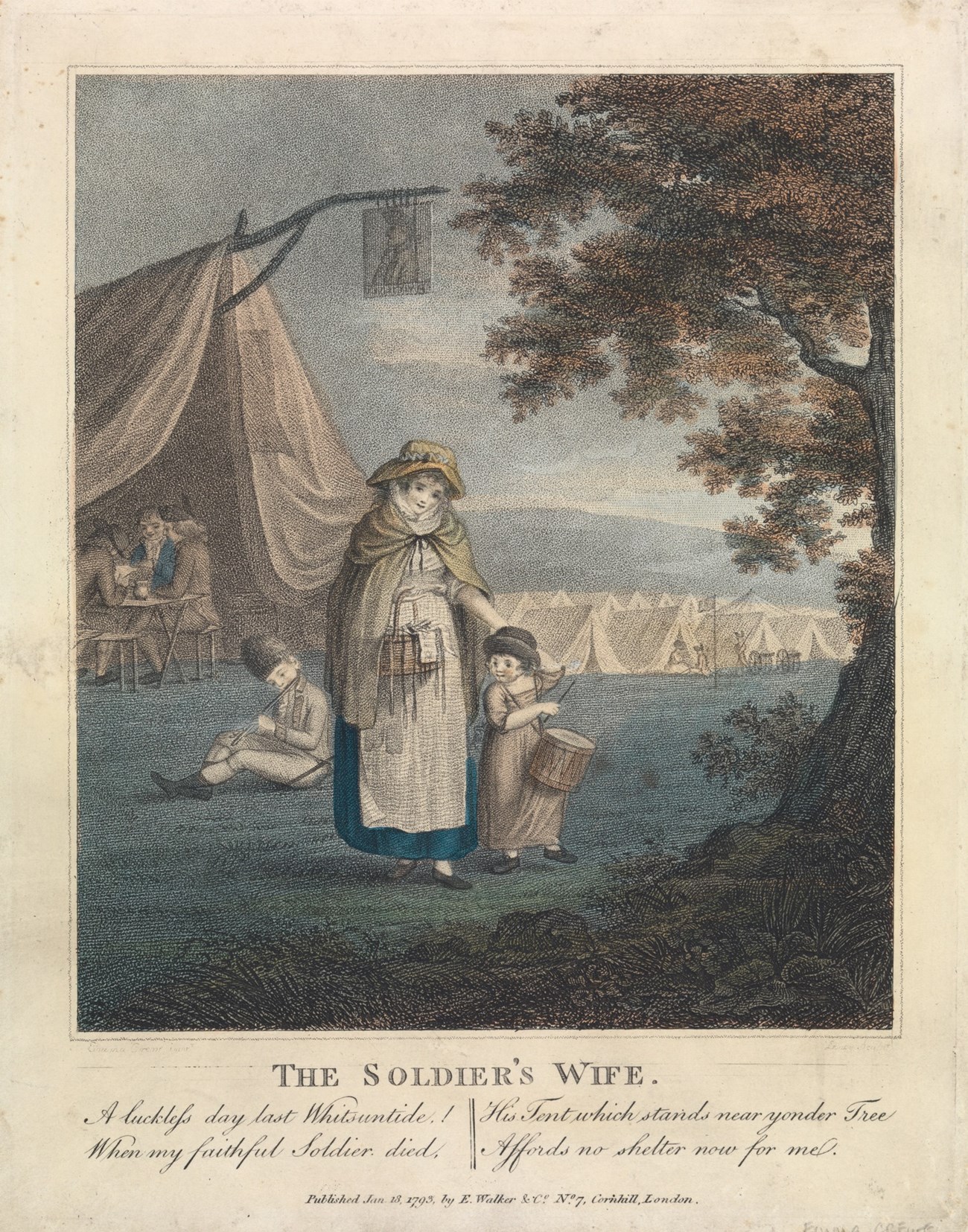 An engraving of a woman in 18th-century dress with a small child carrying a drum, her hand on the child's shoulder.