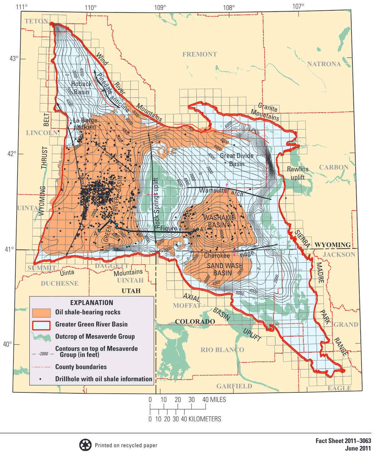 Map showing boundary (in red) of the Greater Green River Basin in Wyoming, Colorado, and Utah, which incorporates the Green River, Great Divide, Washakie, and Sand Wash Basins.