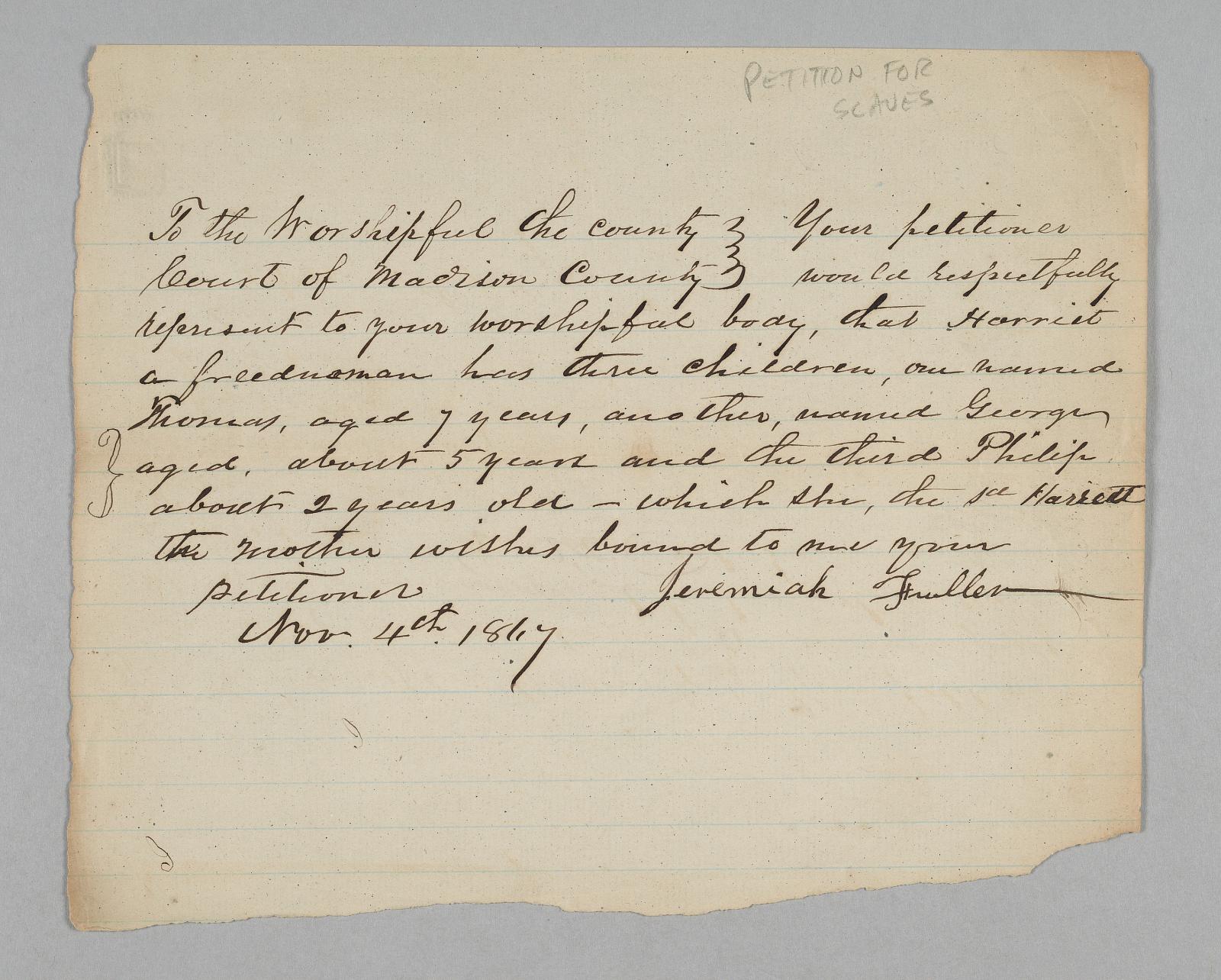 Court petition regarding the children of Harriet, a freedwoman