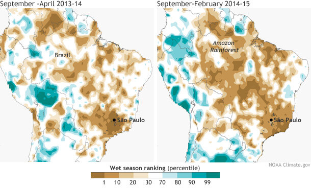 Map pair showing the 2013-2014 rainy season (September–April) and the early part of the 2014-2015 rainy season in Brazil