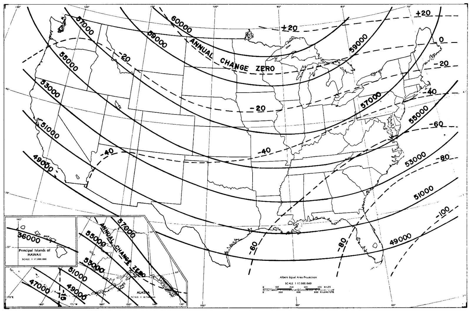 Total Intensity in the United States for 1975. (Solid lines are field contours in units of nanotesla (nT); dashed lines are annual change contours in units of nT/yr.)