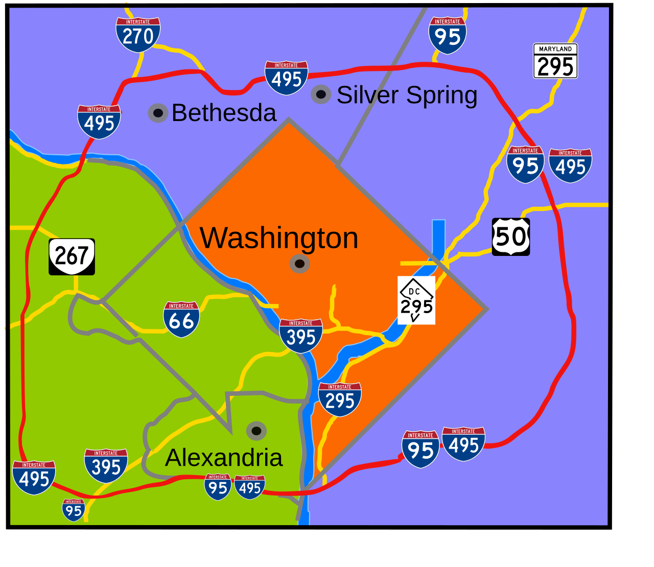 Map showing the major highways around Washington, D.C., including all of the HOV roads (267, I-270, I-95, I-395, I-66, and I-50)