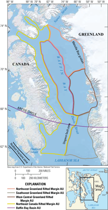 Map of five conventional assessment units in the seas west of Greenland and east of Canada