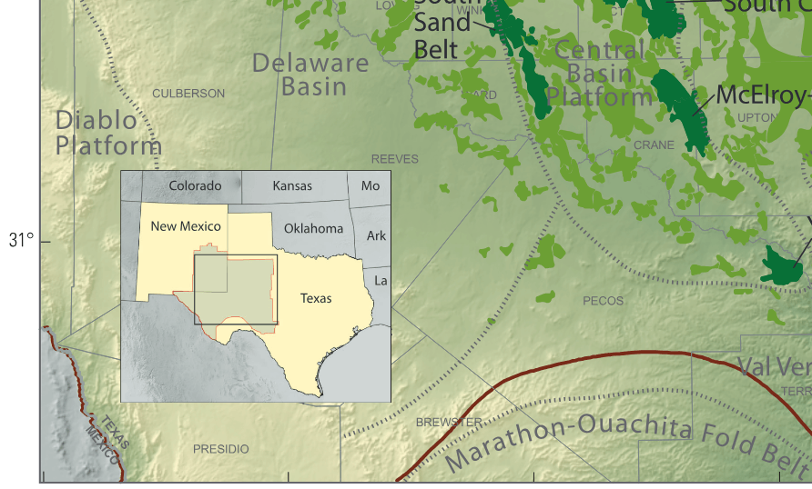 Map showing oil fields (green) in the Permian Basin of west Texas and southeastern New Mexico.