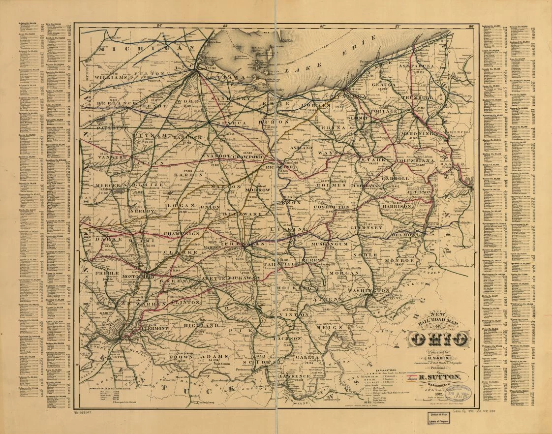 Map shows drainage, cities and towns, counties with population figures, and railroads with distances. Includes list of counties and towns.