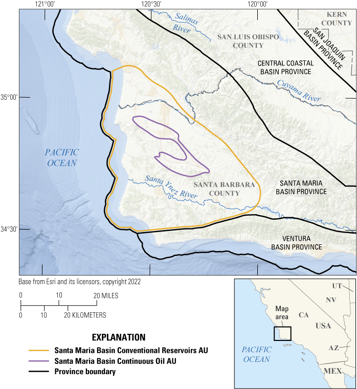 Maps showing the two assessment units in the Santa Maria Basin Province on California's central coast.