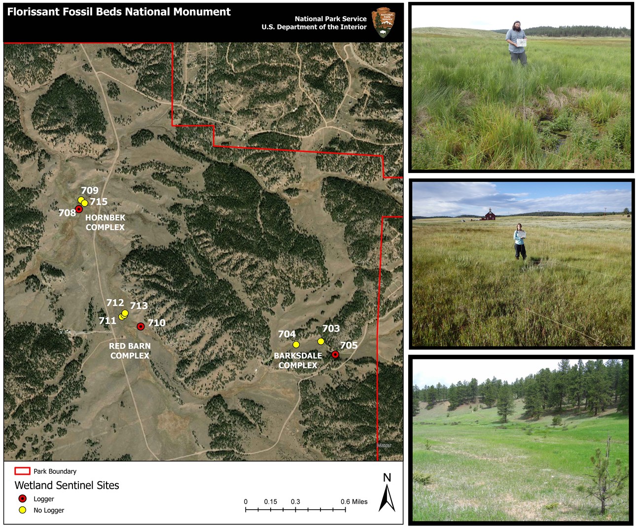 A map of the monument showing the three wetland complexes, with a photo of each