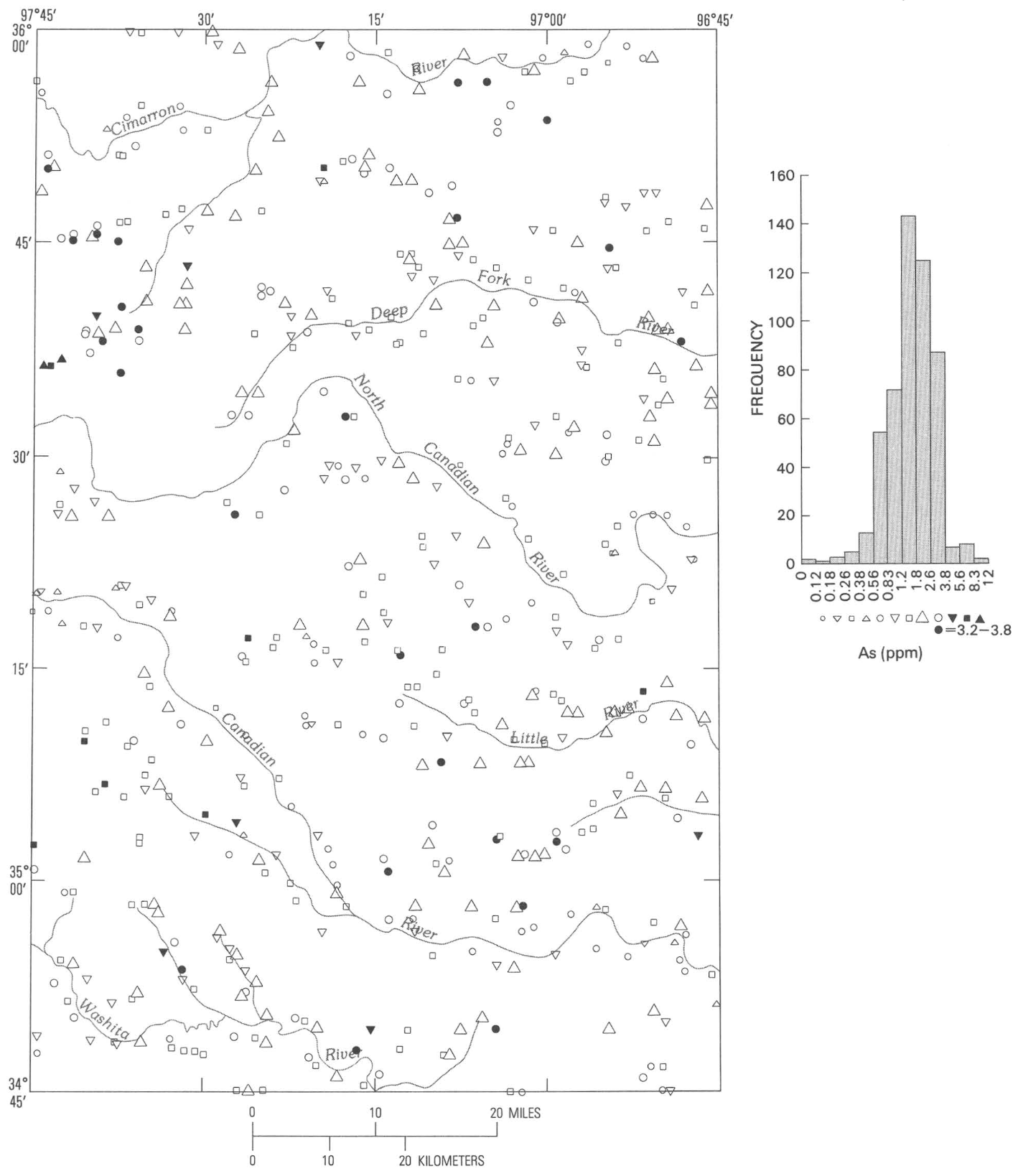 Geochemical distribution of arsenic (ppm) in stream sed iments of the Central Oklahoma aquifer; 521 samples plotted.
